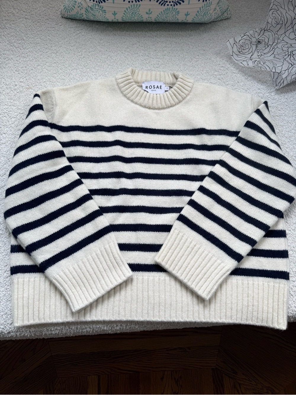 Rosae Paris Cream and Navy Striped Crewneck Sweater